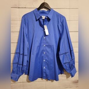 Chico’s Blue Poplin Billow Sleeve Button Down Blouse Chico's size 3 (16/18) NWT